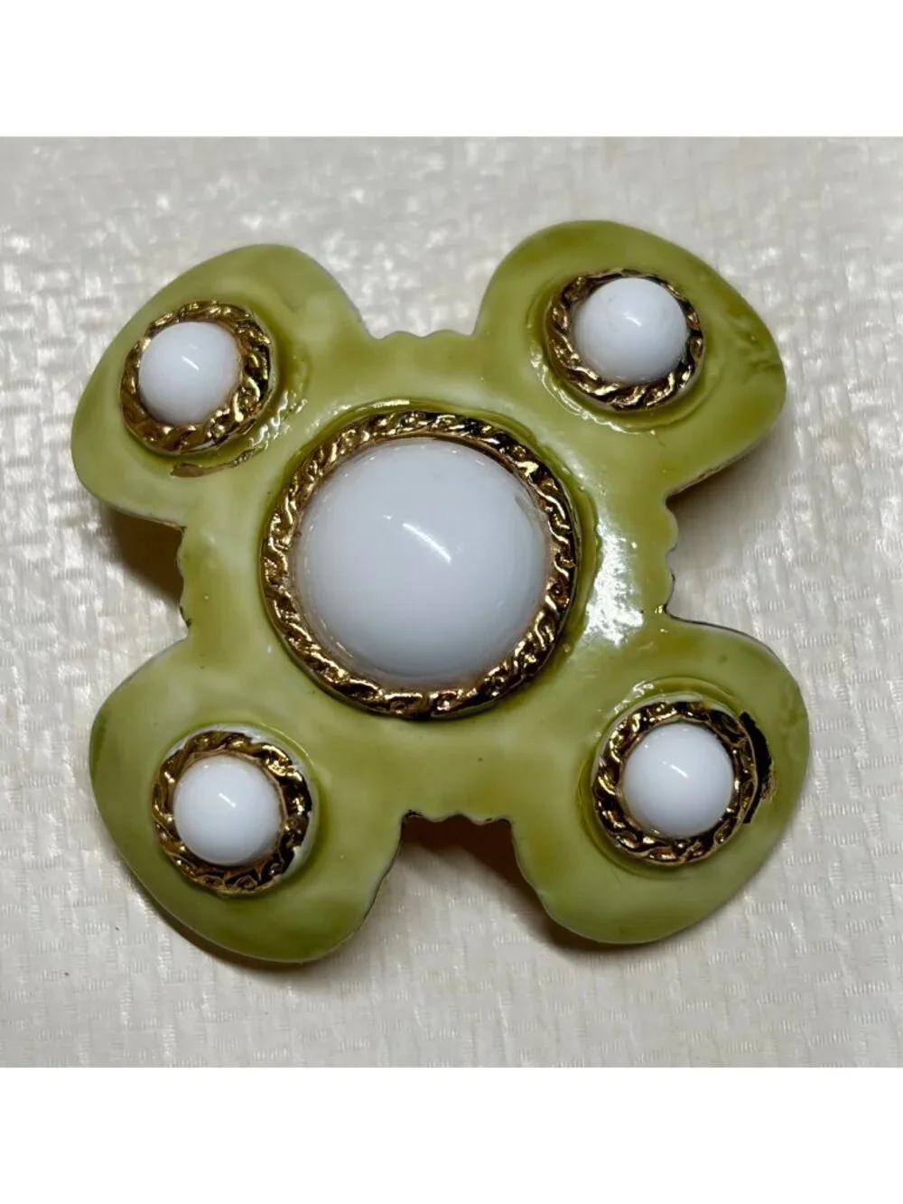 Hobe Gold-Plated Green Enamel Brooch With White Cabochons 2